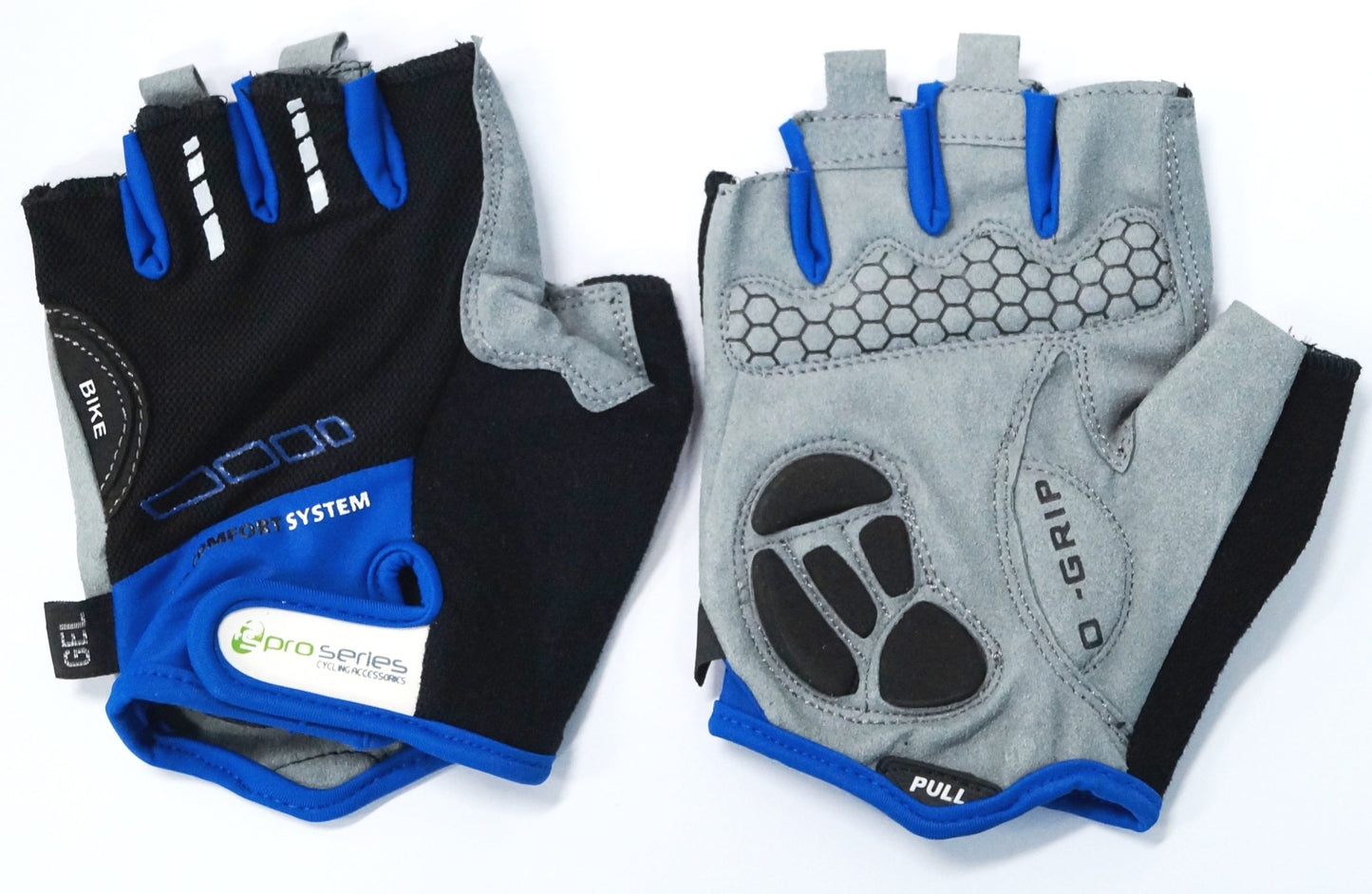 BLACK with BLUE TRIM GLOVES  -  PRO SERIES, Amara Palm, Lycra Towel with GEL Padding MEDIUM