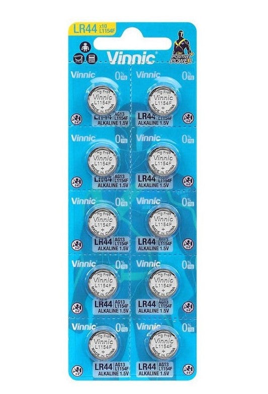 BATTERY - 1.5V Button Cell, Alkaline, LR44/L1154F, Australian Standards Approved Packaging - 10 Pieces Per Card