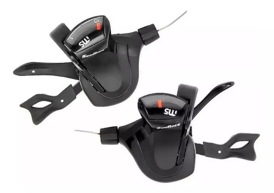 SHIFTER SET - Right Hand 10 Speed, Left Hand 2 Speed, Thumb Tap Dual Trigger, Alloy large lever with gear display and stainless steel cable, Sunrace, Black (NOT Shimano I-SPEC® II Compatible)