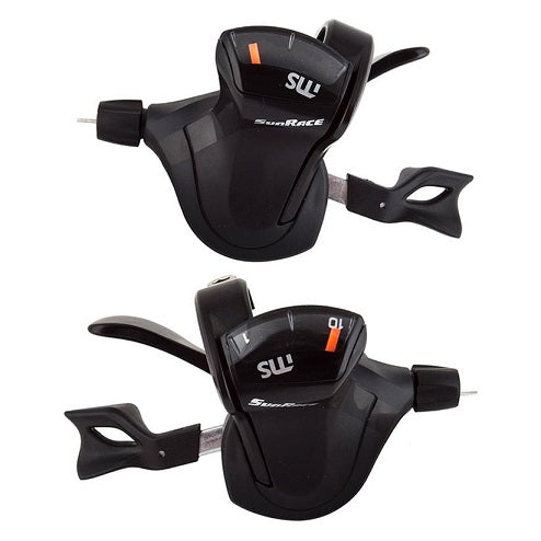 SHIFTER SET - Right Hand 10 Speed, Left Hand 2 Speed, Thumb Tap Dual Trigger, Composite levers, with gear display and galvanised steel cable, Sunrace, Black (NOT Shimano I-SPEC® II Compatible)