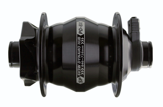 DYNAMO FRONT HUB  Shutter Precision, PD-8X-110. 15mm Thru Axle BOOST (110mm OLD) 32H, 6 Bolt Disc, 6V 3W Output, BLACK