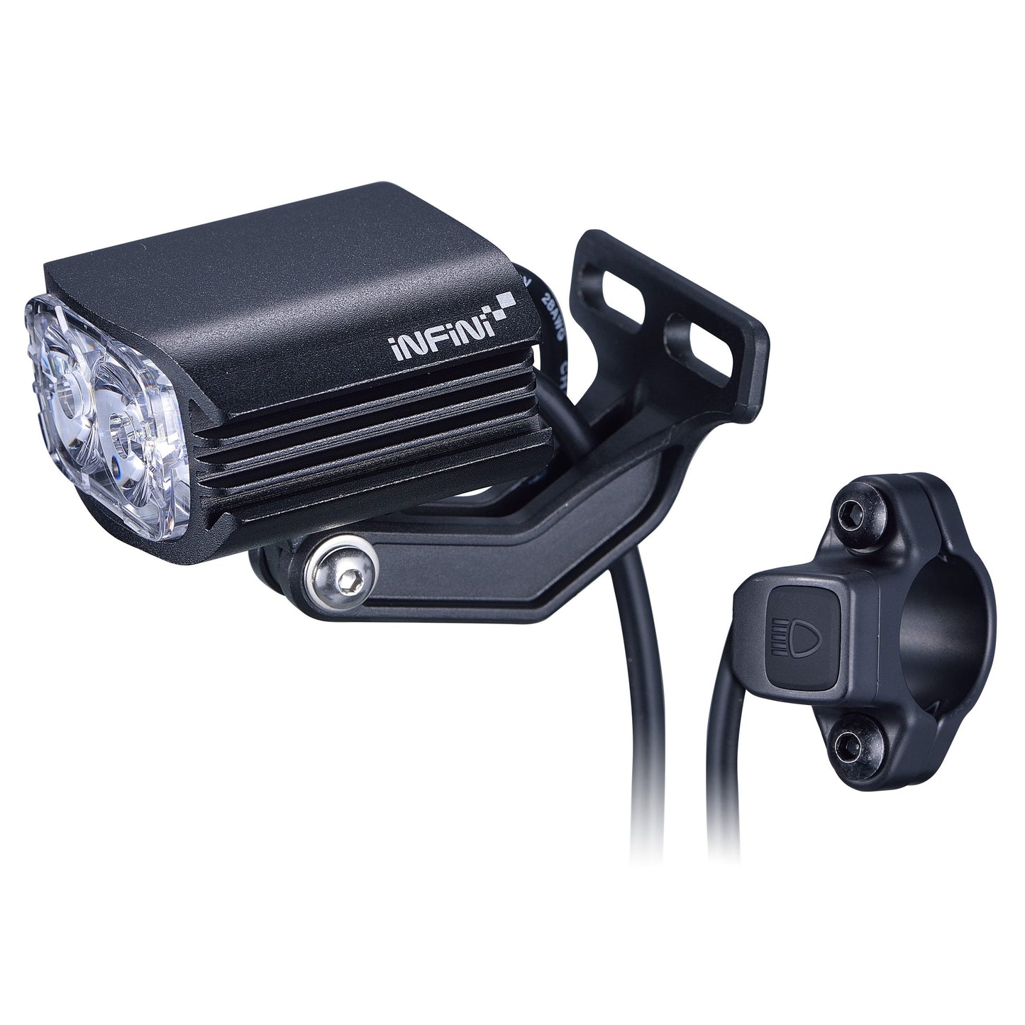 FRONT LIGHT FOR E-BIKE - 1000 Lumens, 14 Watt, 12-36V, high beam function w/300mm switch cable, w/HB12 stem mount w/1200mm cable, fork mounting option, black