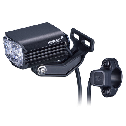 FRONT LIGHT FOR E-BIKE - 1000 Lumens, 14 Watt, 12-36V, high beam function w/300mm switch cable, w/HB12 stem mount w/1200mm cable, fork mounting option, black