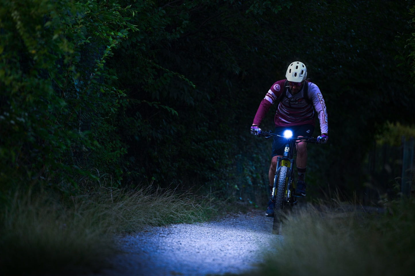 FRONT LIGHT FOR E-BIKE - 1000 Lumens, 14 Watt, 12-36V, high beam function w/300mm switch cable, w/HB12 stem mount w/1200mm cable, fork mounting option, black