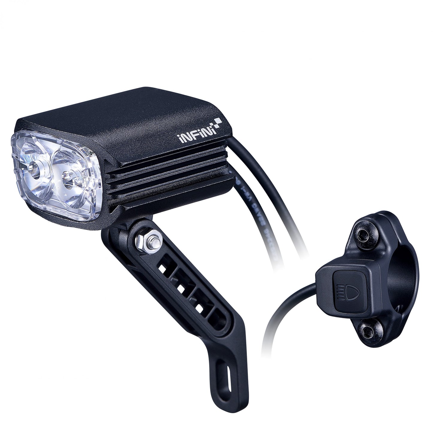 FRONT LIGHT FOR E-BIKE - 1000 Lumens, 14 Watt, 12-36V, high beam function w/300mm switch cable, w/HB12 stem mount w/1200mm cable, fork mounting option, black