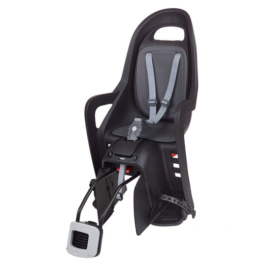BABY SEAT - POLISPORT Groovy RS, Reclining, Q/R (frame mount), suits 26"-29ers with a 28mm-40mm OD Seat Tube, 22kg weight limit, 3 Point Safety Harness, E-bike compatible Black/dark grey