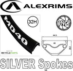 WHEEL - 27.5 / 650B Alex MD40 32H Black Rim,  FRONT 15mm T/A (110mm OLD) 6    Disc Sealed Bear Pawl Black Hub,  Mach 1 SILVER Spokes