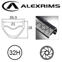 RIM 26" x 21mm - ALEX VOLAR 2.1 - 32H - (559 x 21) - Presta Valve - Disc Brake - D/W - BLACK - Eyeleted - Tubeless Ready