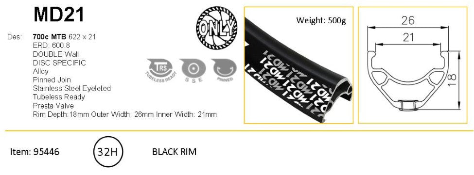 RIM 29er x 21mm - ALEX MD21 - 32H - (622 x 21) - Schrader Valve - Disc Brake - D/W - BLACK - Eyeleted - Tubeless Ready - (Requires AV tubeless valve)