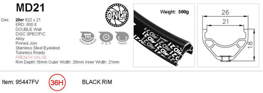 RIM 29er x 21mm - ALEX MD21 - 36H - (622 x 21) - Presta Valve - Disc Brake - D/W - BLACK - Eyeleted - Tubeless Ready