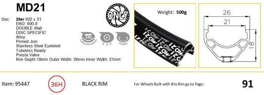 RIM 29er x 21mm - ALEX MD21 - 36H - (622 x 21) - Schrader Valve - Disc Brake - D/W - BLACK - Eyeleted - Tubeless Ready - (Requires AV tubeless valve)