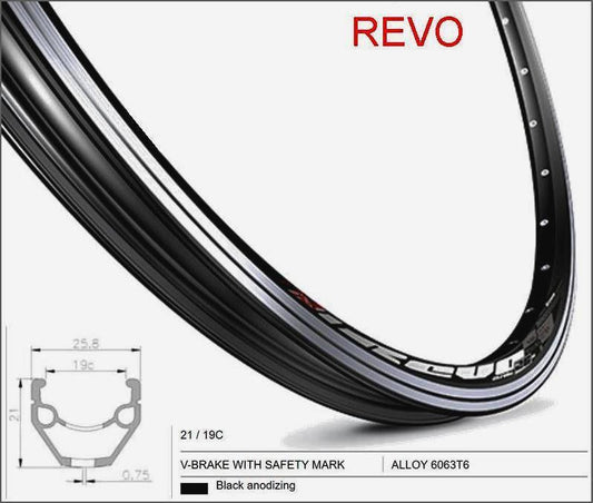RIM 26" x 19mm - Mach1 REVO - 36H - (559 x 19) - Schrader Valve - Rim Brake - D/W - BLACK - Eyeleted - MSW - (ERD 533)