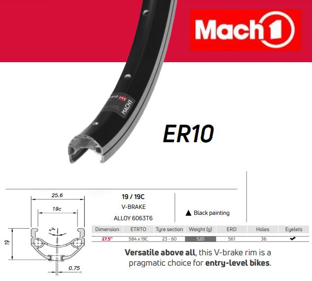 RIM 27.5/650B x 19mm - Mach1 ER-10 - 36H - (584 x 19C) - Schrader Valve - Rim Brake - D/W - BLACK - Eyeleted - MSW - Made in France - (ERD-561)