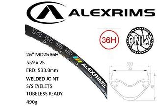 RIM 26" x 25mm - ALEX MD25 - 36H - (559 x 25) - Schrader Valve - Disc Brake - D/W - BLACK - Eyeleted - Tubeless Ready - (ERD 533) - (Requires AV tubeless valve)