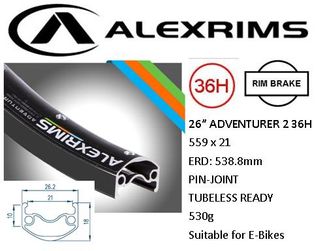 RIM 26" x 21mm - ALEX Adventurer2 - 36H - (559 x 21) - Presta Valve - Rim Brake - D/W - BLACK - Tubeless Ready - (E-bike Compatible) - (ERD 536mm)