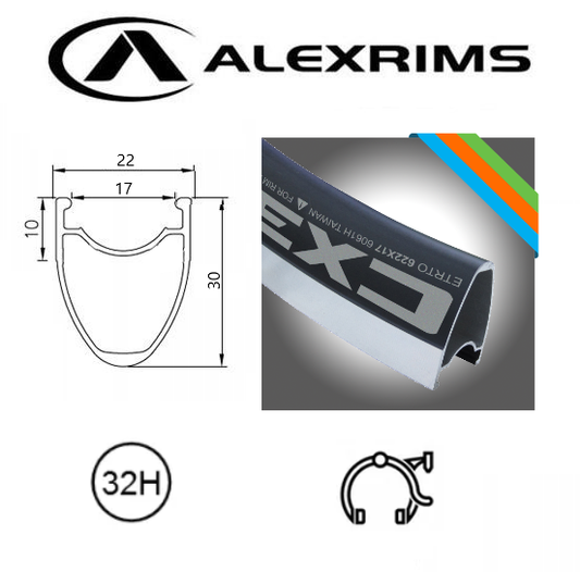 RIM 700c x 17mm - ALEX CX30 - 32H - (622 x 17) - Presta Valve - Rim Brake - D/W - BLACK - MSW - (Tubeless Ready)
