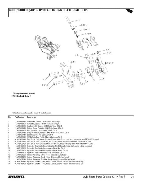 Avid DISC BRAKE CALIPER KIT - (INCLUDES PISTONS, SEALS & BLEED SCREWS) - CODE(2011-2017)/GUIDE RE