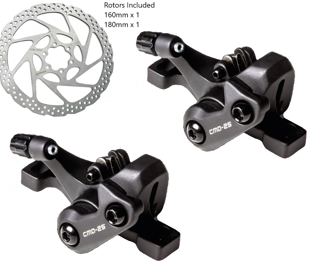 DISC BRAKE set, CNC one piece calipers w/sintered pads FRONT & REAR, IS & PM compat, (1 x 180mm & 1 x 160mm rotor included) - Quality Clarks product