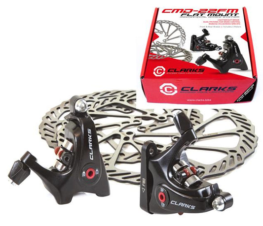 DISC BRAKE set, DUAL PISTON, FLAT MOUNT, MECHANICAL, FRONT & REAR, Road/Hybrid Compatible, Two Disc Brakes + 140mm & 160mm rotors   Quality Clarks product