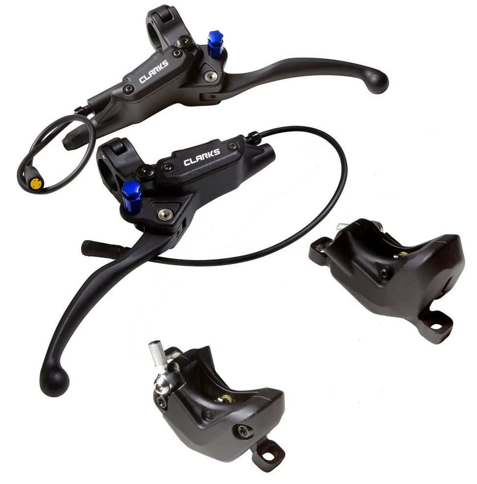 CLARKS Cargo Hydraulic Disc Brake Set with motor shut off, 2 piston, 1X1 Configuration; 1xFront 180mm & 1xRear 180mm + 2 x Rotors (2.3mm) + Shut-off, also compatible for non-ebike