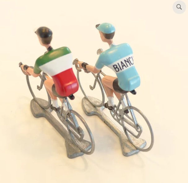 FLANDRIENS Models, 2 x Hand painted Metal Cyclists,  Bianchi & Italian jerseys
