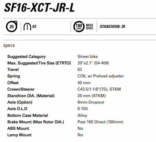 SUSPENSION FORK  20, XCT-JR-L DS 20", travel: 63mm, 9x100mm, COIL SPRING w/Preload adjuster, alloy crown/steerer 1-1/8" stem L:300mm, post mount for 160mm rotor Matt Black