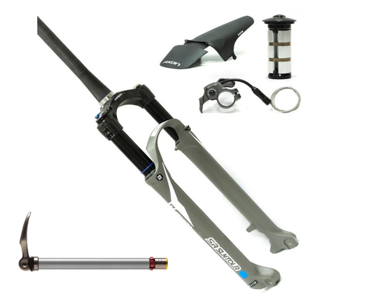 Susp. fork, AXON34-Werx- EQ RLRC-PCS TEAM GREY 29 ,120mm travel,1-1/8 to 1.5 steerer 15x110mm Boost , Remote lock out, rebound & compression adjustment, carbon crown/steerer, Mudguard included.