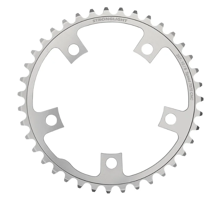 CHAINRING - ROAD "STRONGLIGHT", 39T, 7075 CNC SILVER - 110mm BCD, 5 Hole for 2 x 9/10 Spd