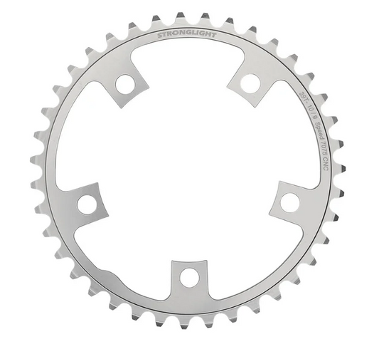CHAINRING - ROAD "STRONGLIGHT", 39T, 7075 CNC SILVER - 110mm BCD, 5 Hole for 2 x 9/10 Spd