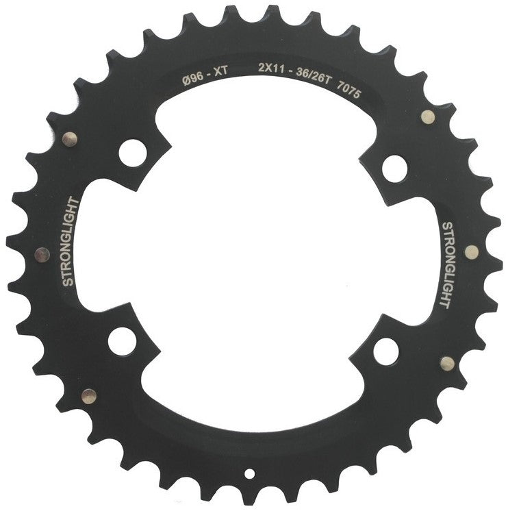 CHAINRING - MTB "STRONGLIGHT" 36T - SHIMANO - 2X11, 7075-T6 BLACK, 2x11 speed, 96 BCD, Outer not threaded, 36T, 4 arms, Quality Stronglight product 272301