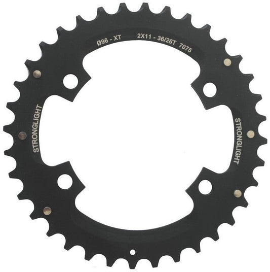 CHAINRING - MTB "STRONGLIGHT" 36T - SHIMANO - 2X11, 7075-T6 BLACK, 2x11 speed, 96 BCD, Outer not threaded, 36T, 4 arms, Quality Stronglight product 272301
