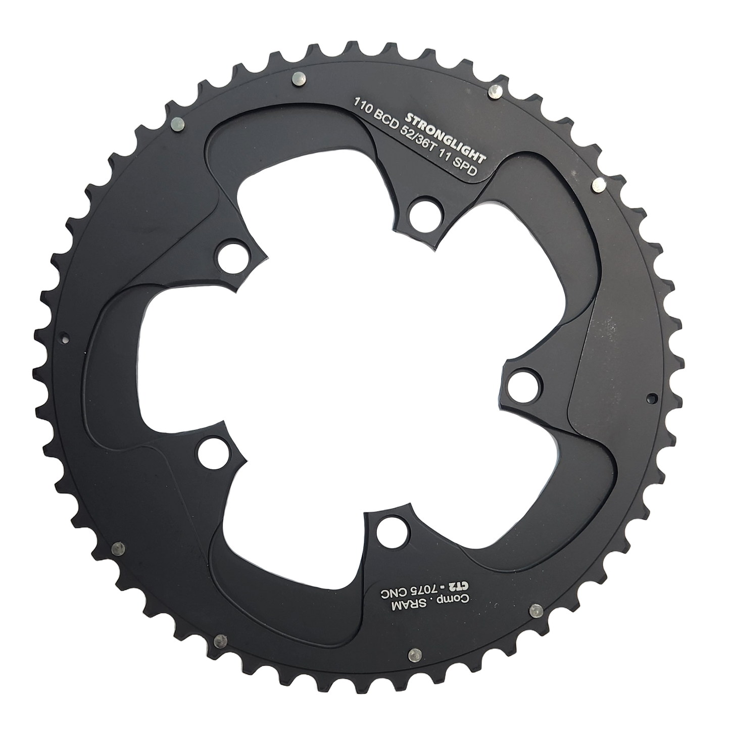 CHAINRING - ROAD "STRONGLIGHT", 52T, 7075 CNC Black CT2 - 110 BCD, 5 Hole for 11 Spd for SRAM (Not E-Tap)