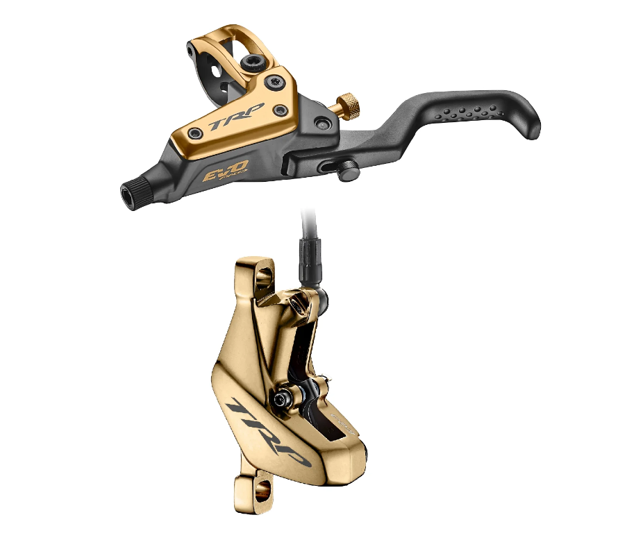TRP DHR EVO PRO REAR, Disc brake set, rear, for left hand, alloy, hydraulic 4-piston. GOLD (Uses 2.3mm Rotor Only - Rotor not included)