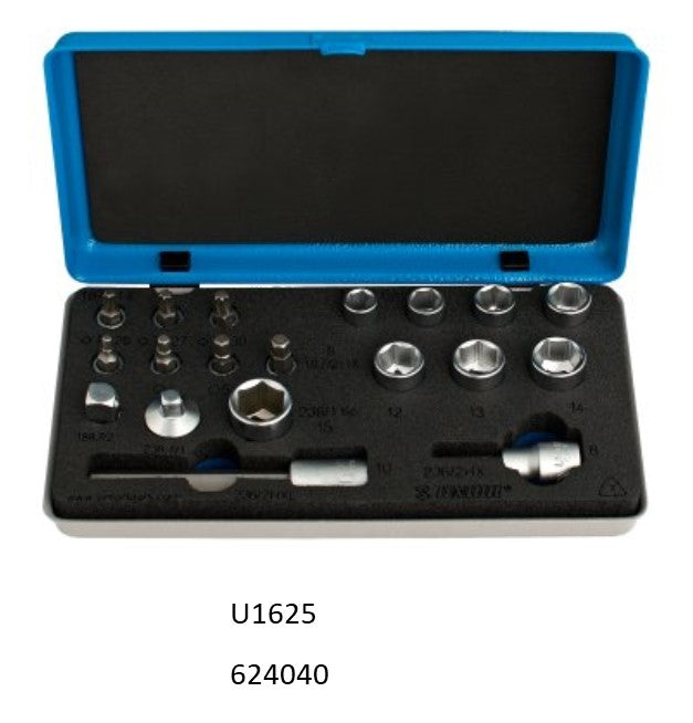 Unior Drivers and sockets Set, Torx bits sizes 25, 27 and 30, Hex bits sizes 3, 4, 5, 6, 8, 10, Socket sizes 8, 9, 10, 11, 12, 13, 14, 15, Adapters 1/4