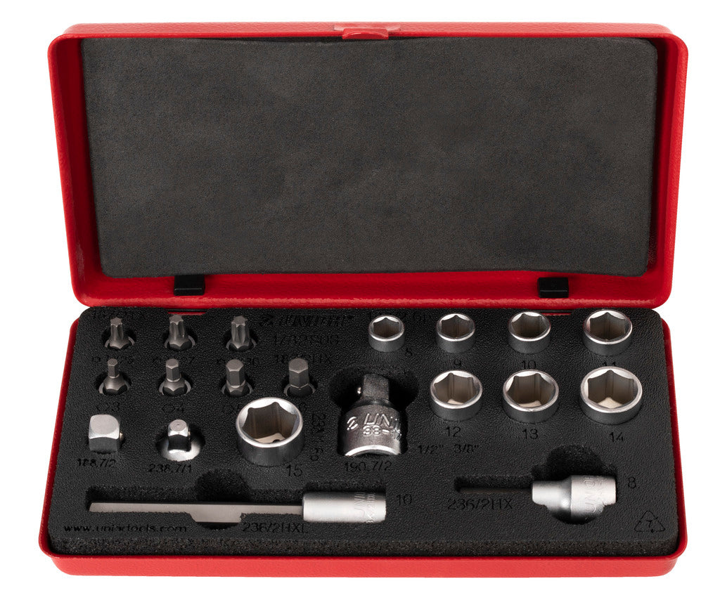 Unior Drivers and sockets Set, Torx bits sizes 25, 27 and 30, Hex bits sizes 3, 4, 5, 6, 8, 10, Socket sizes 8, 9, 10, 11, 12, 13, 14, 15, Adapters 1/4" - 3/8" and 3/8" - 1/4", 629380