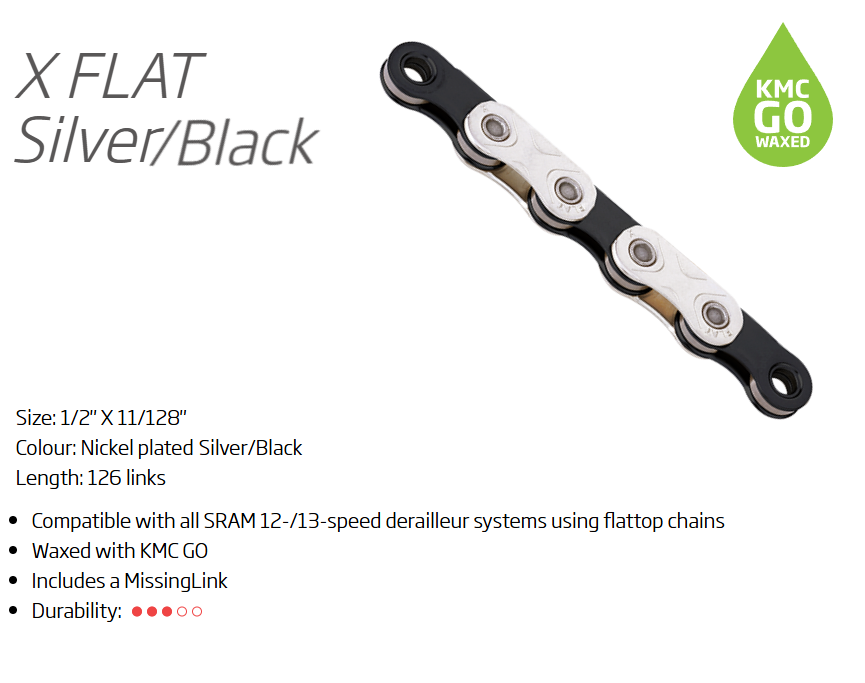 CHAIN - 12/13 Speed - KMC X-FLATW - 126L - SILVER/BLACK - w/Connect Link - WAXED - (For Sram flat top 12/13 speed only)