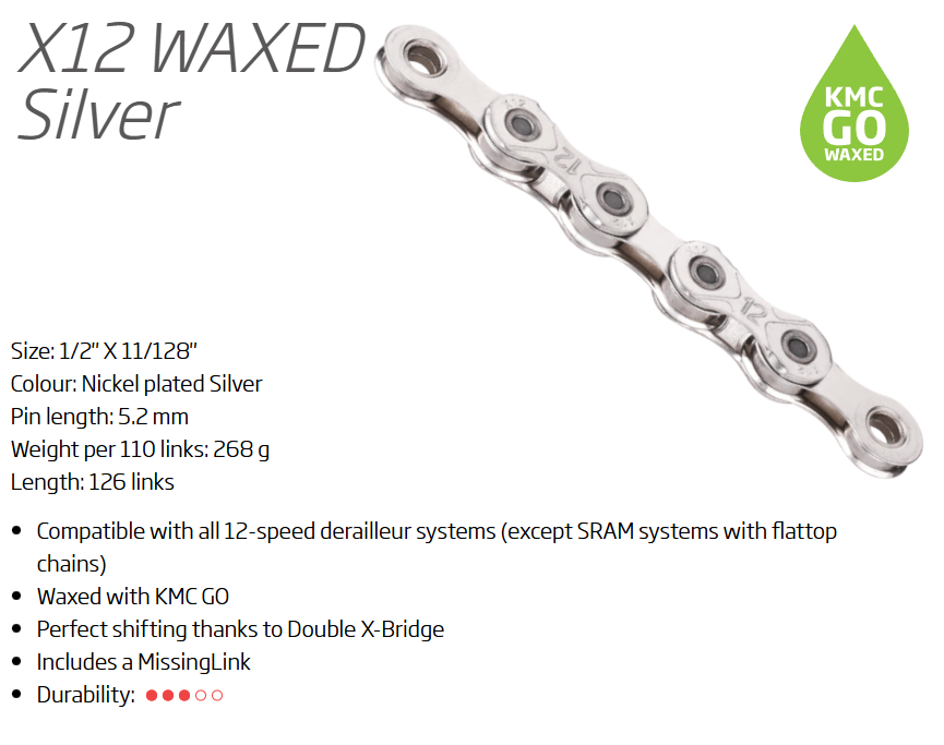 CHAIN - 12 Speed - KMC X12L -( SHIM, TRP AND CAMPY compatible ) 126L - SILVER - XL-Series - w/Connect Link - (Light Weight)