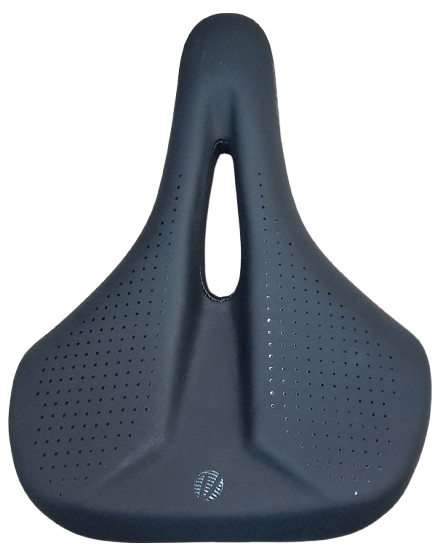 Saddle, vinyl black, black steel rail, Dual density base, w/o clamp, 260x197mm (Integrated handle for lifting bike)