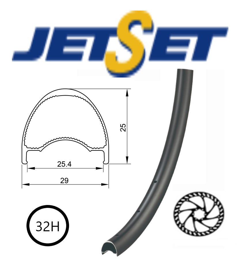 RIM 29er x 25mm - JETSET AR-25 - 32H - (622 x 25) - Presta Valve - Disc Brake - D/W - Tubeless Ready - BLACK - ARCOS system - Quality Jetset rim made in Taiwan