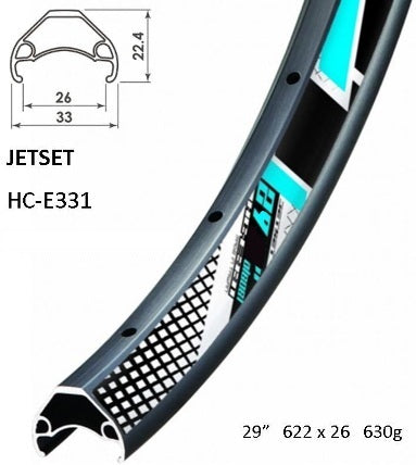 RIM 29er x 26mm - JETSET HC-E331 - 36H - (622 x 26) - Presta Valve - Disc Brake - D/W - BLACK - Tubeless Ready Quality Jetset rim made in Taiwan - (ERD-595mm)