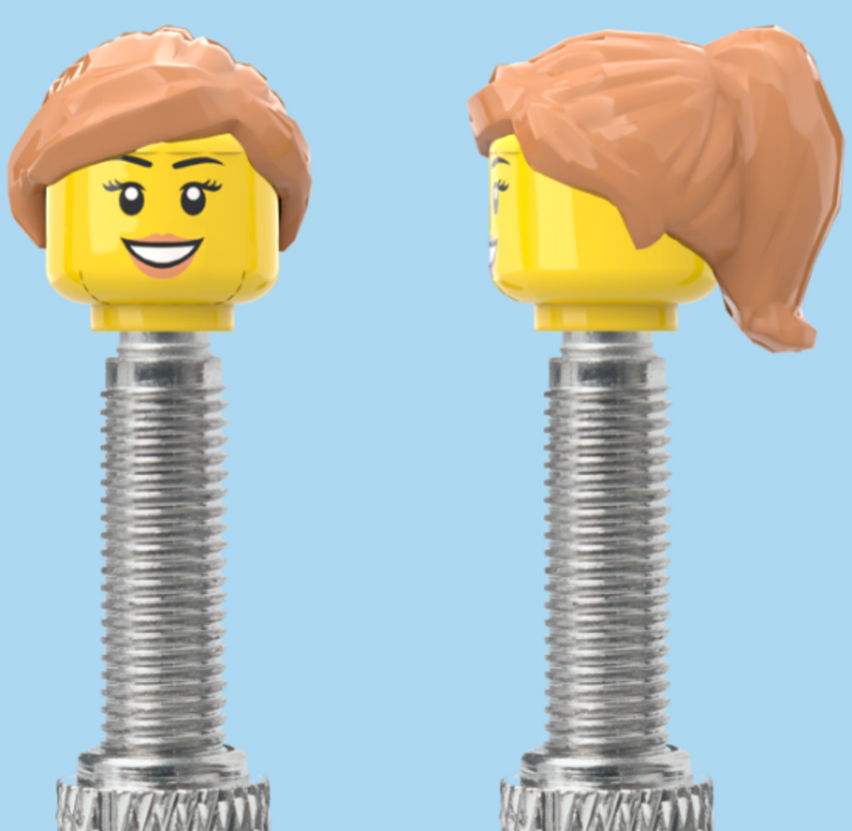 Teeth Smile Face with Eyelashes & Lipstick | Tan Half Pony Hairdo | FV | Brick Caps | Sold as Pair