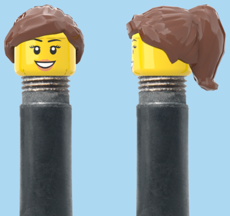 Teeth Smile Face with Eyelashes & Lipstick | Brown Half Pony Hairdo | AV | Brick Caps | Sold as Pair