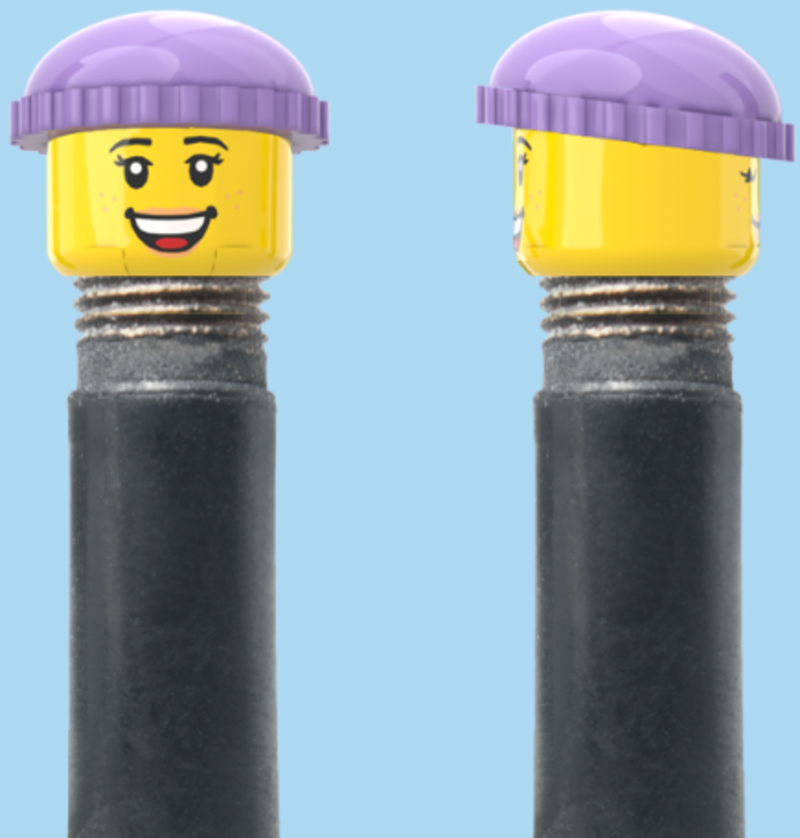 2 Faces with Freckles & Lipsick | Open Mouth Smile Face | Closed Eye Smile Face | Purple Beanie | AV | Brick Caps | Sold as Pair
