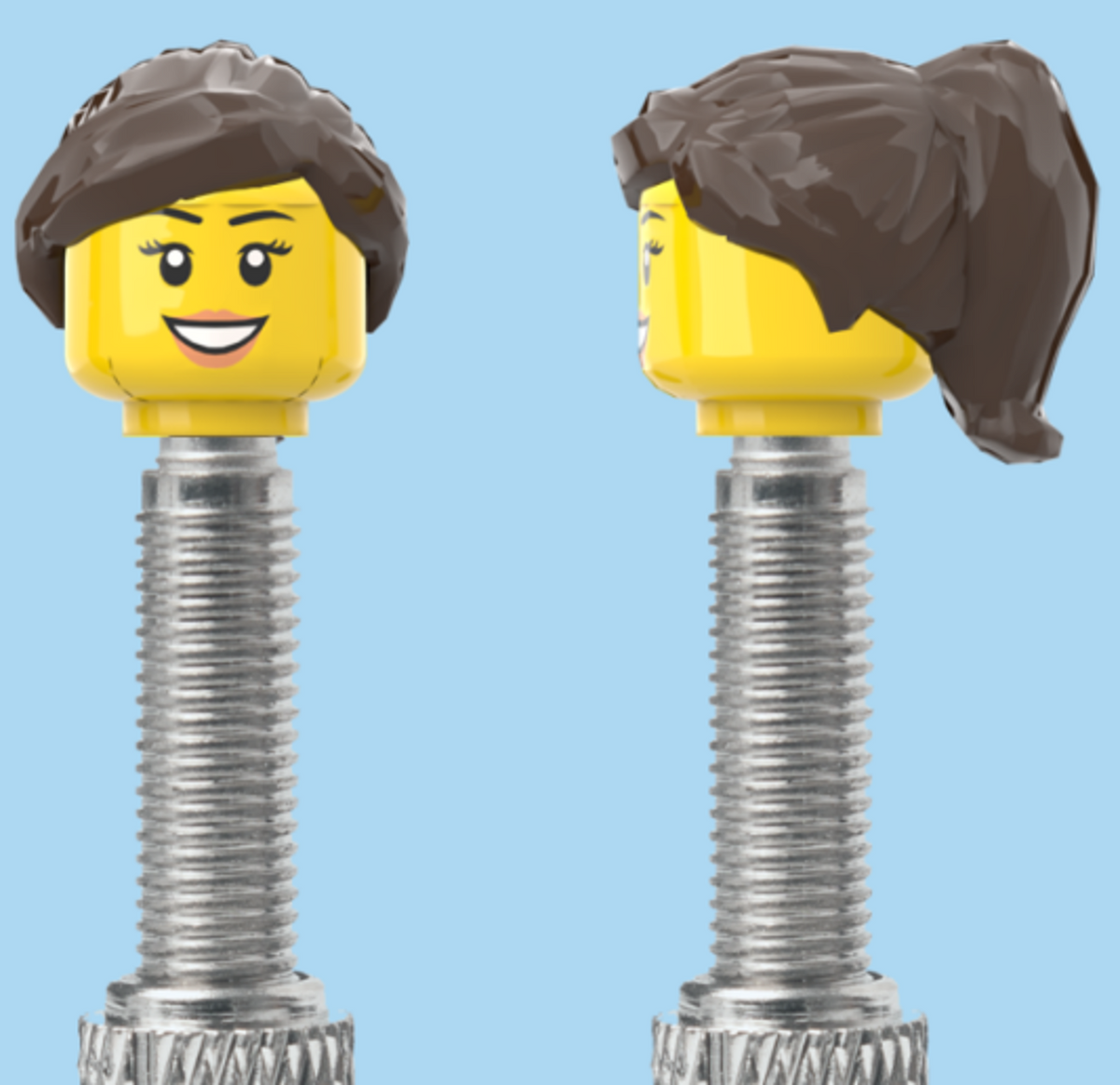 Teeth Smile Face with Eyelashes & Lipstick | Black Half Pony Hairdo | FV | Brick Caps | Sold as Pair