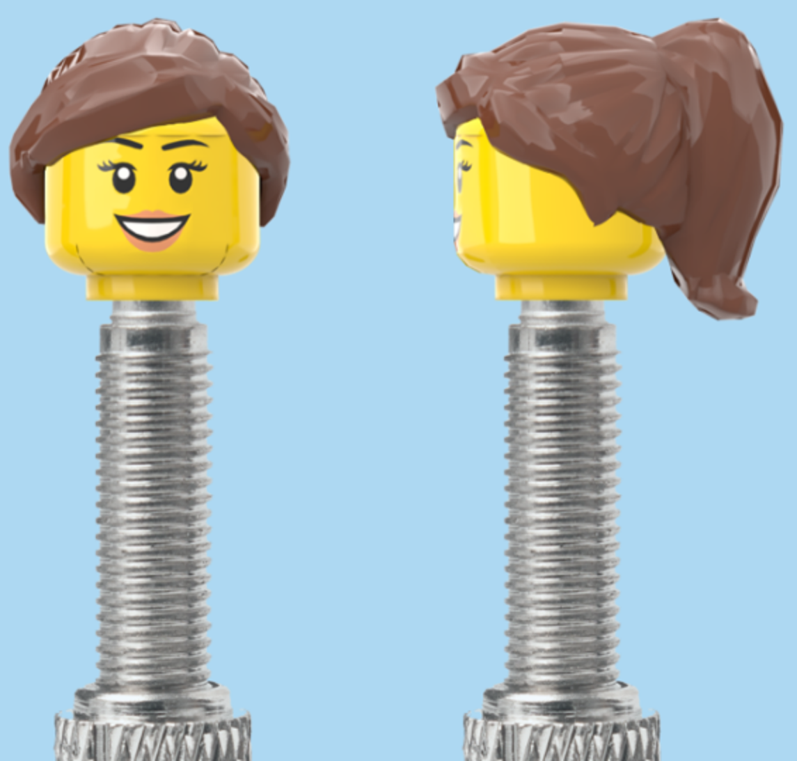 Teeth Smile Face with Eyelashes & Lipstick | Brown Half Pony Hairdo | FV | Brick Caps | Sold as Pair