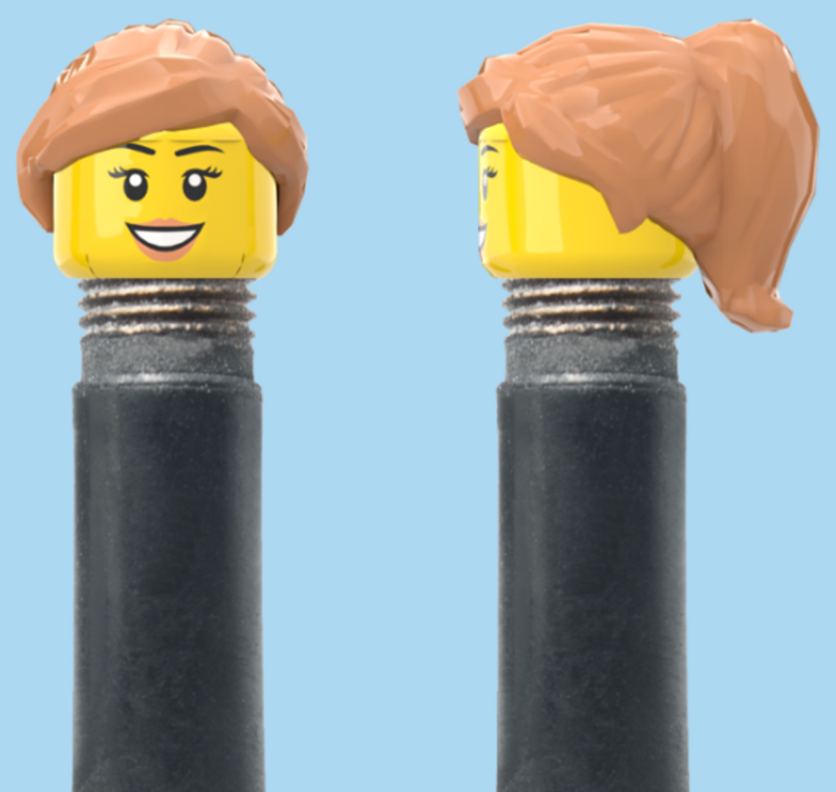 Teeth Smile Face with Eyelashes & Lipstick | Tan Half Pony Hairdo | AV | Brick Caps | Sold as Pair