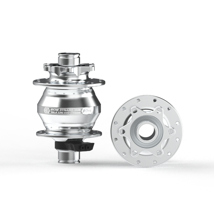DYNAMO FRONT HUB Shutter Precision, PD-6-110. 15mm Thru Axle BOOST (110mm OLD) 32H, 6 Bolt Disc, 6V 3W Output, SILVER