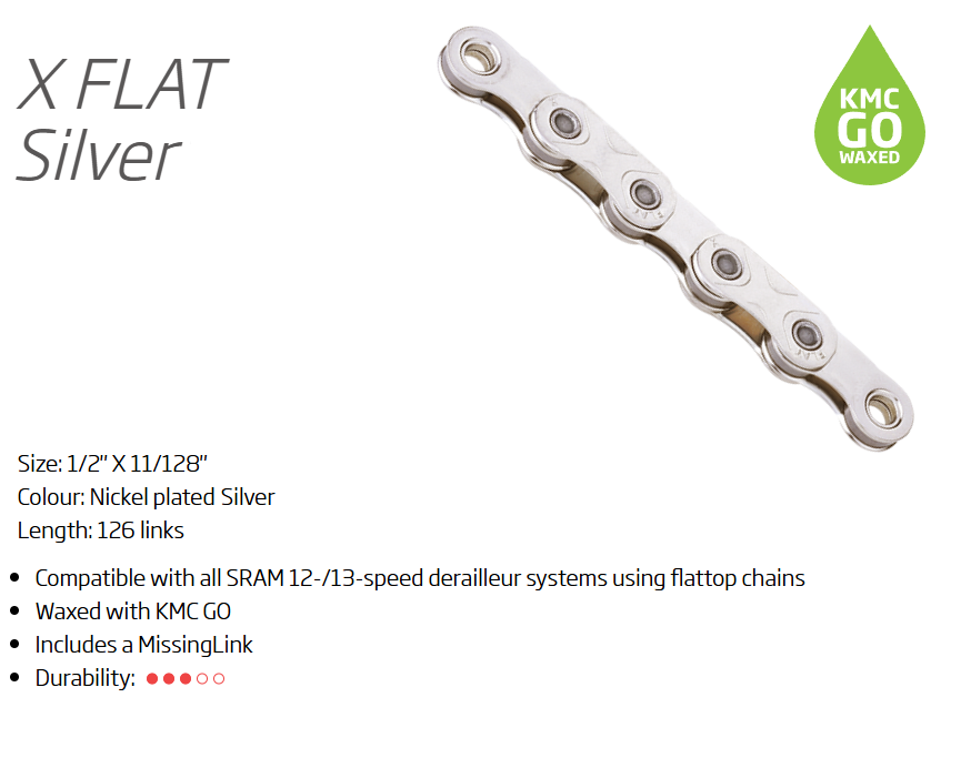 CHAIN - 12/13 Speed - KMC X-FLATW - 126L - SILVER - w/Connect Link - WAXED - (For Sram flat top 12/13 speed only)