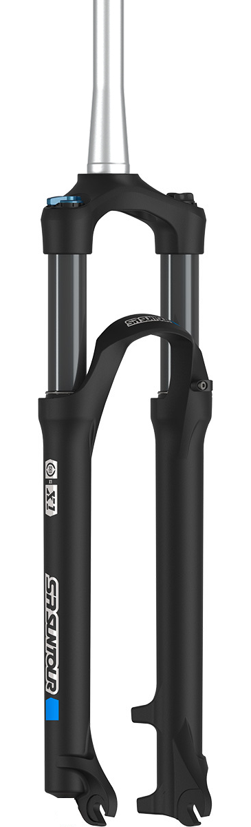 27.5" X1 32 Suspension Fork, 9mm QR - 100mm Travel, Threadless, Coil w/Preload, LO, Tapered, 1 1/8" - 1.5", 300mm Tube, Alloy, SR Suntour