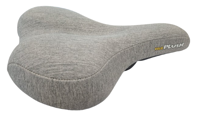 Saddle, vinyl top grey, steel black rail, w/o clamp, with black bumper, 270x210mm, VELO PLUSH (Integrated handle for lifting bike)